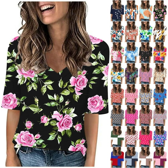 JTZGDY Floral Shirts for Women Cute Summer Short Sleeve V Neck Graphic T-Shirts Tops Dressy Casual Tunic Blouse Fashion Beach Vacation Outfit Clothes Multicolor#01 XXXL