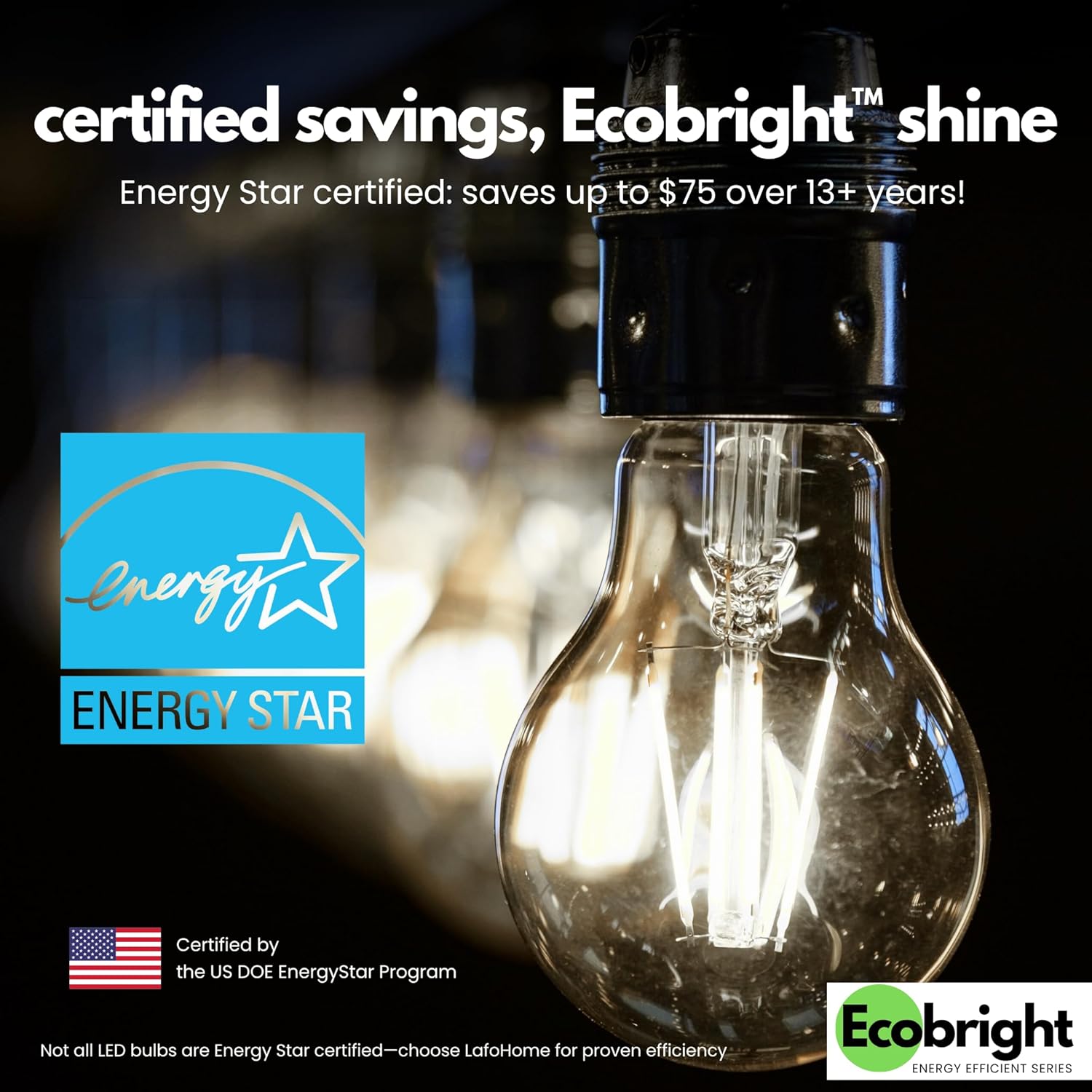 LafoHome EcoBright A19 LED Filament Bulb, 100W Equivalent, 5000K Daylight, Dimmable, 4-Pack