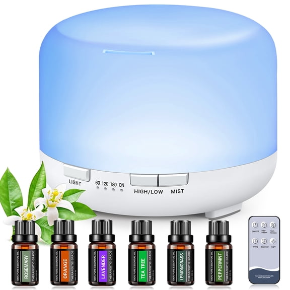 Fimilo 500ml Essential Oil Diffuser with 6*10ml Essential Oils Set, Flower Aromatherapy Diffusers with Remote Control, Oil Air Humidifier Vaporizer for Large Room Bedroom Office