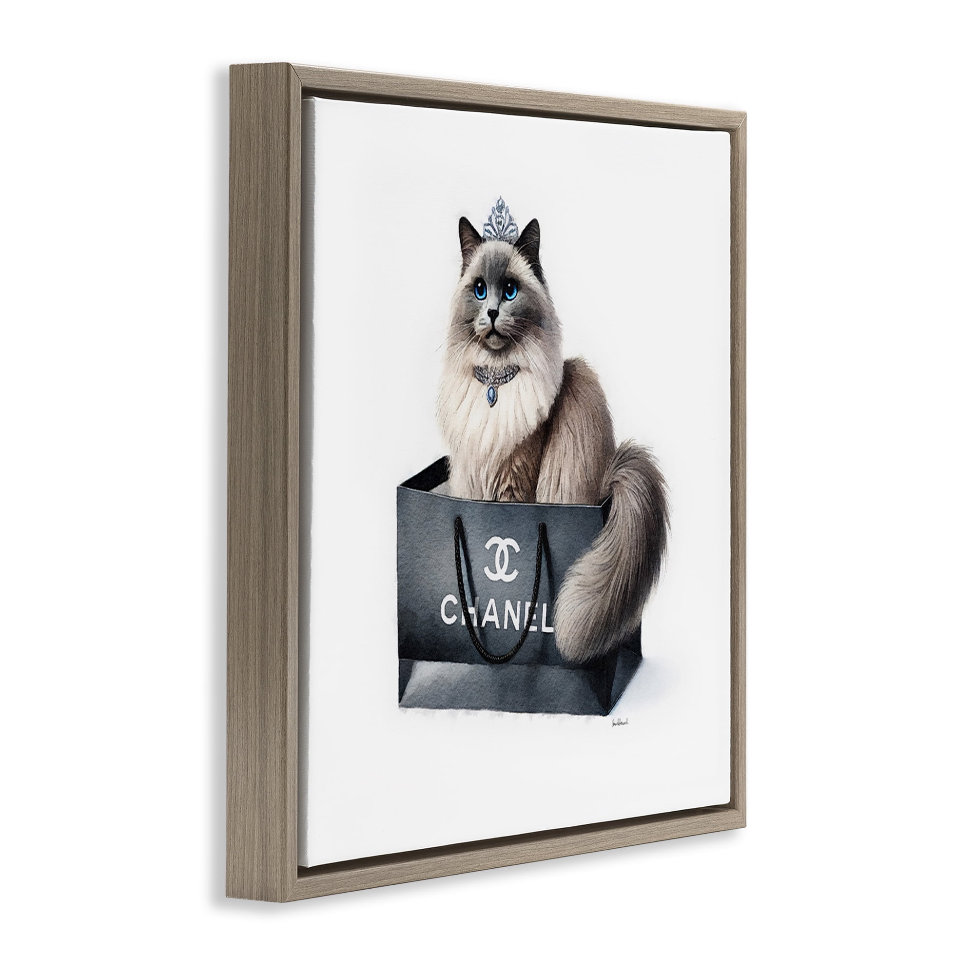 Stupell Industries Glam Cat Shopping Bag Animals Painting Brown Floater Framed Canvas Art Print Wall Art, 18 x 18