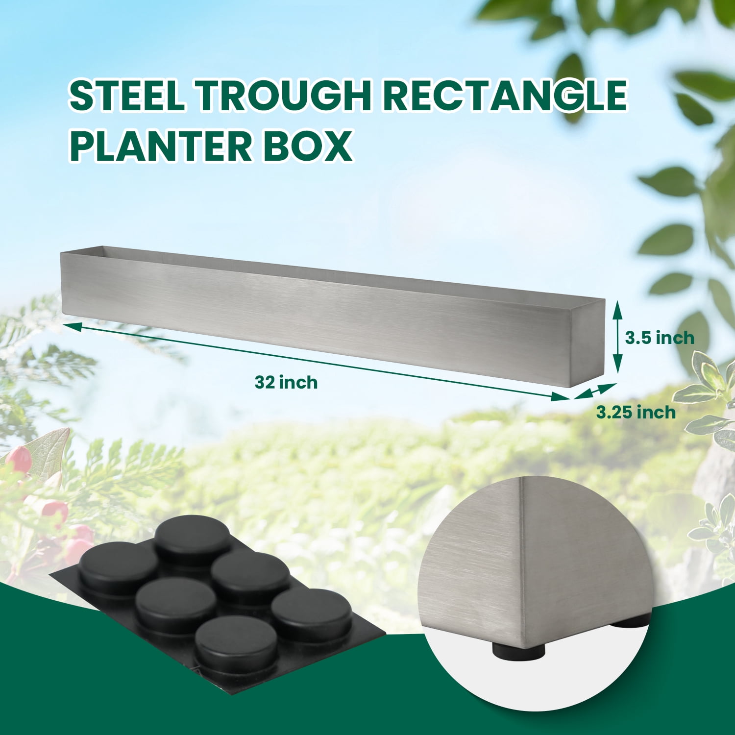 3.5"x3.25"x32" Planter Box with 4 Rubber Mats Trough Planter Pots Succulent Planters Window Sill Table Stainless Steel Rectangle Long Durable for Small Herb with Drainage Hole Indoor Outdoor, Silver