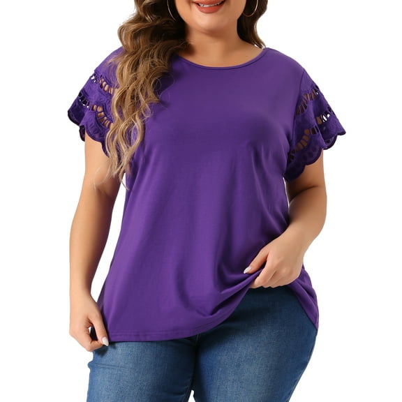 DARING DIVA Women's Plus Lace Panel Elegant Short Sleeve Top 4X Purple