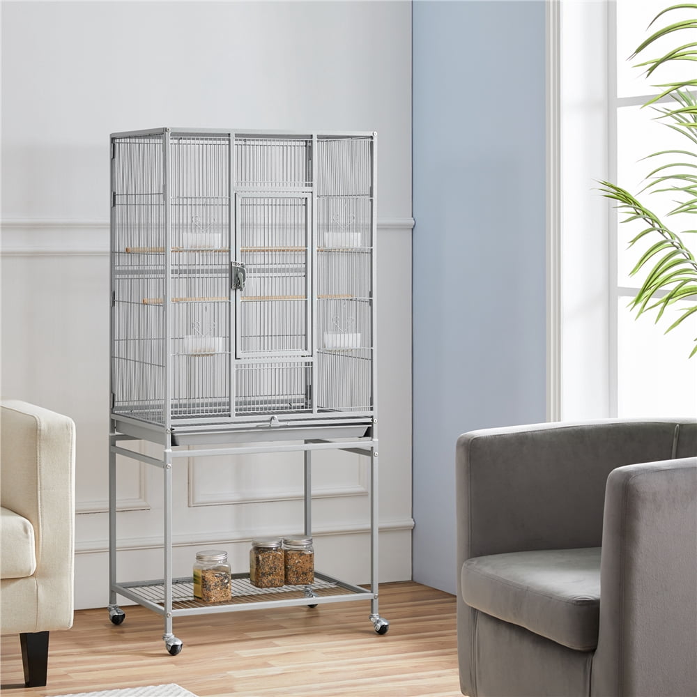 Alden Design 54" Metal Rolling Bird Cage with Detachable Stand, Light Gray