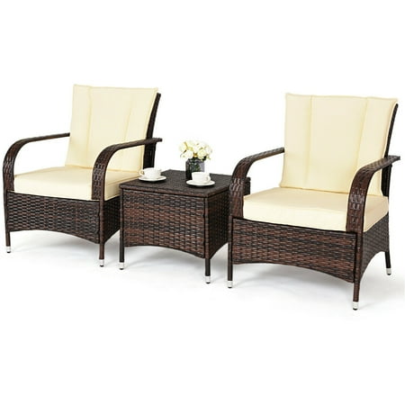 Costway 3PCS Outdoor Patio Mix Brown Rattan Wicker Furniture Set with Beige Cushions