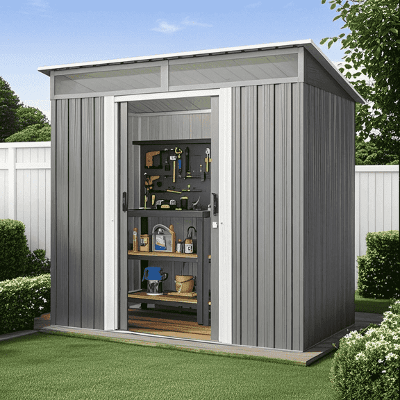 Jolifa Outdoor Storage Shed, 6x4 ft Galvanized Steel Tool Shed with Sliding Doors & Windows, Weatherproof Metal Garden Shed for Backyard Equipment and Bike Storage