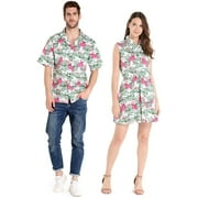 Couple Matching Hawaiian Luau Cruise Outfit Shirt Dress Flamingo in Love