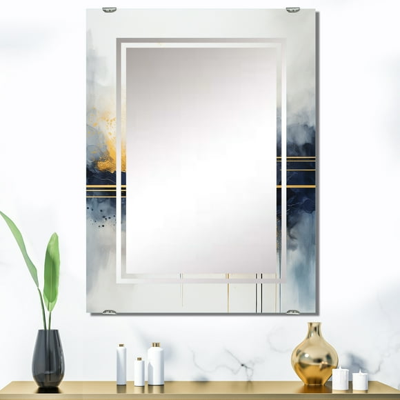 Designart "Fluid Harmony Painting in Blue and Yellow III" Abstract Painting Oversized Wall Mirror - Modern Abstract Living Room Wall Mirror - Multiple Color Options