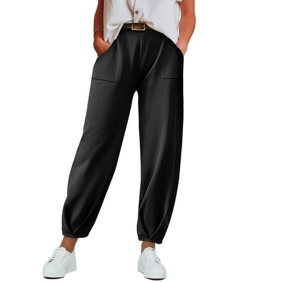 Lroveb Casual Pants for Women, High Waisted Jogger Pants, Womens Solid Color Fashionable Versatile Elastic Pocket Bound Pleated Pants Black