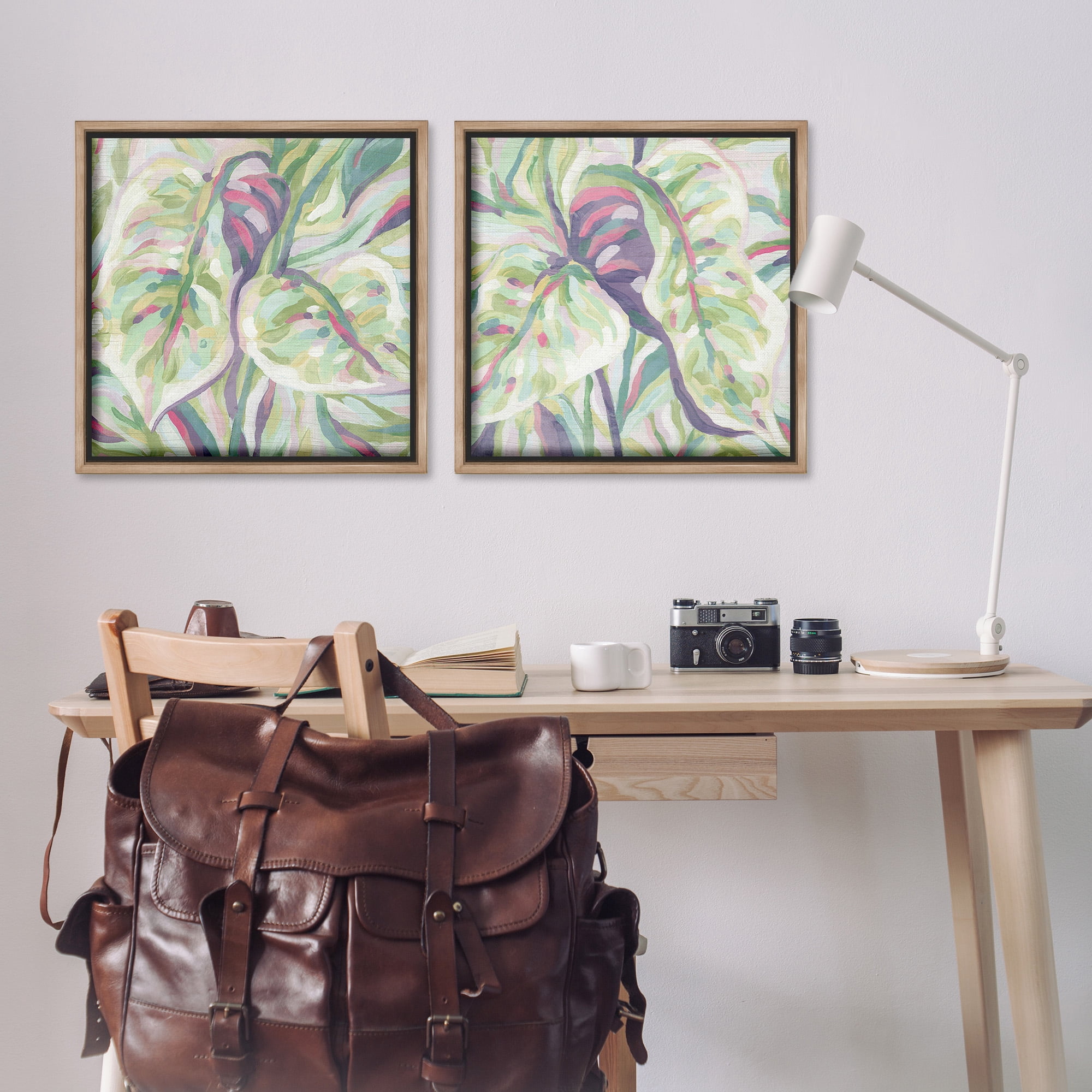 Stupell Industries Tropical Fronds Pattern Botanical & Floral Painting Brown Floater Framed Canvas Art Print Wall Art, 25 x 25, Set of 2