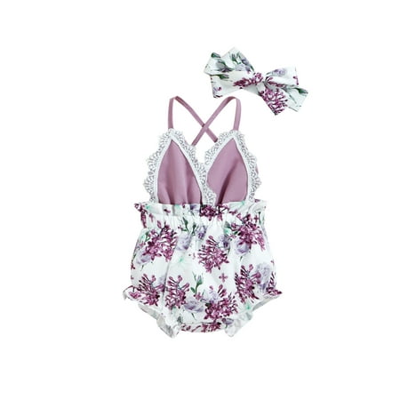 

IZhansean Newborn Baby Girls Floral Romper Flowers Print Sleeveless Backless Lace Ruffle Bodysuit with Headband Set Purple 3-6 Months