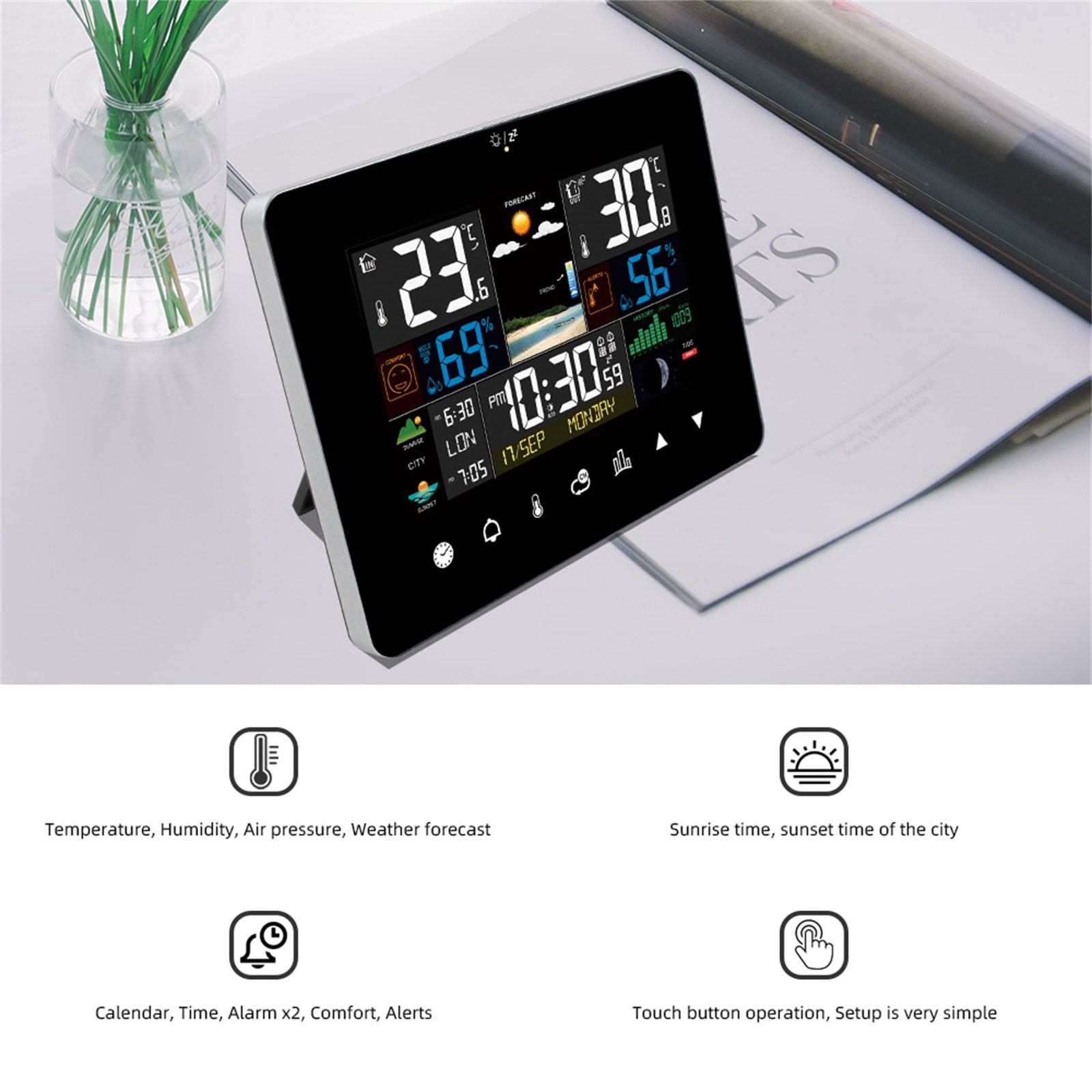 ZHMRFG Color Screen Touchscreen Weather Clock Wireless Temperature Humidity Meter Meteorological Station RF Sensing Multiple Alarm Weather Forecast For Home Office Bedroom Living Room Monitoring