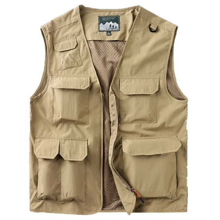 hopeusince Men s Outdoor Lightweight Mesh Breathable Quick Dry Multi Pockets Travel Vest Fishing Photography Waistcoat Khaki M