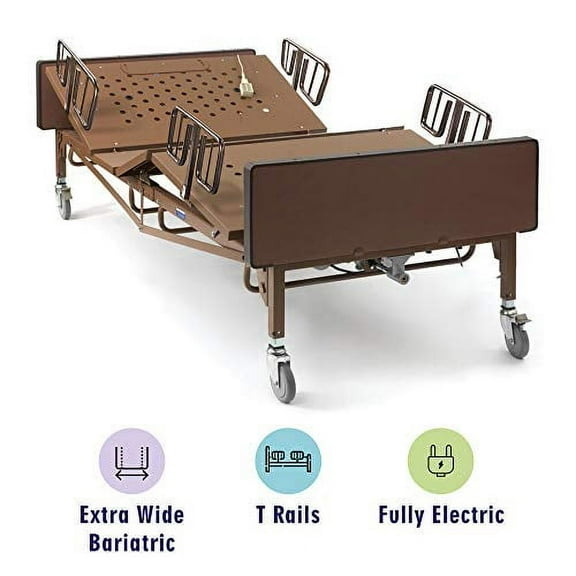 Full Electric Bariatric Hospital Bed Package with T-Rails Included - 80” x 42”, 600lb Weight Capacity - for Home Care and Medical Facilities - Fully Adjustable, Locking Casters