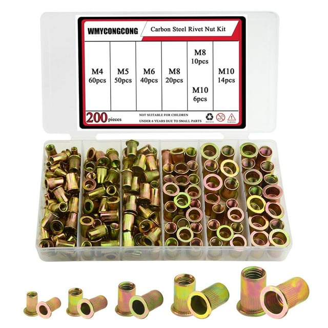 WMYCONGCONG 200 Pcs Écrou à Rivets Métriques M4 M5 M6 M8 M10 Hex Kit d'Assortiment d'Inserts Filetés en Acier au Carbone
