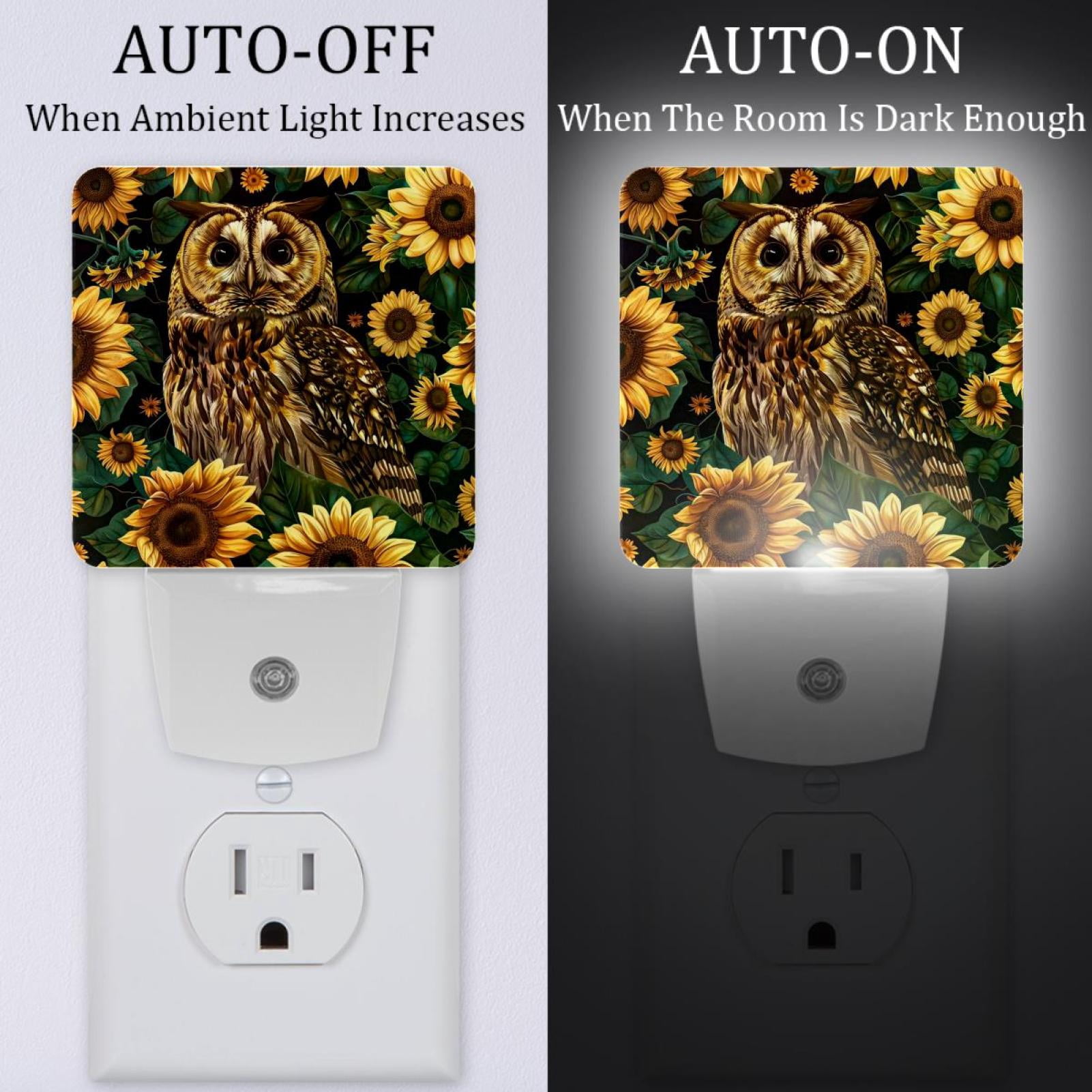 PhooArto Sunflowers Owls Plug in LED Night Light Auto Sensor Dusk to Dawn Decorative Night for Bedroom, Bathroom, Kitchen, Hallway, Stairs, Baby's Room, Energy Saving
