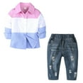 thumbnail image 2 of CPNG Toddler Baby Boys Leisurely Suit Long Sleeved Button Down Plaid Shirts and Ripped Denim Pants 2 Piece Set(Pink,18-24 Months), 2 of 9
