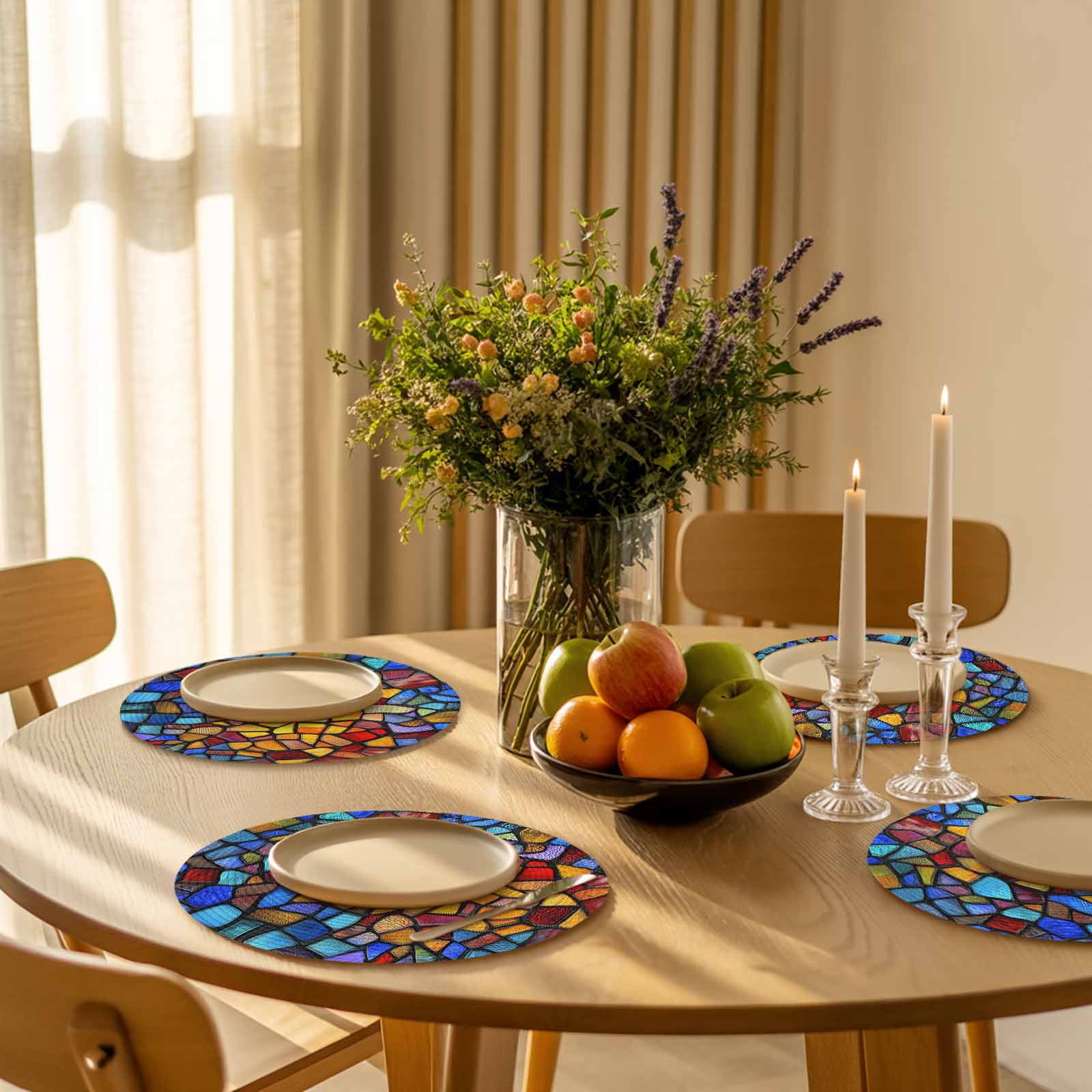 Blue Red Yellow Round 15 Inch Placemats Set of 8, Modern Colored Rainbow Stained Glass HeatResistant Non Slip Place Mats for Dining Table, Wipeable Braided Kitchen Table Mats for Housewarming