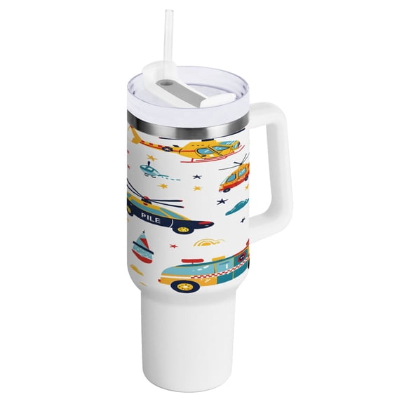 40 oz Tumbler with Handle and Straw Lid Hand Drawn Car Helicopter Insulated Vacuum Water Bottle Stainless Steel Travel Cup