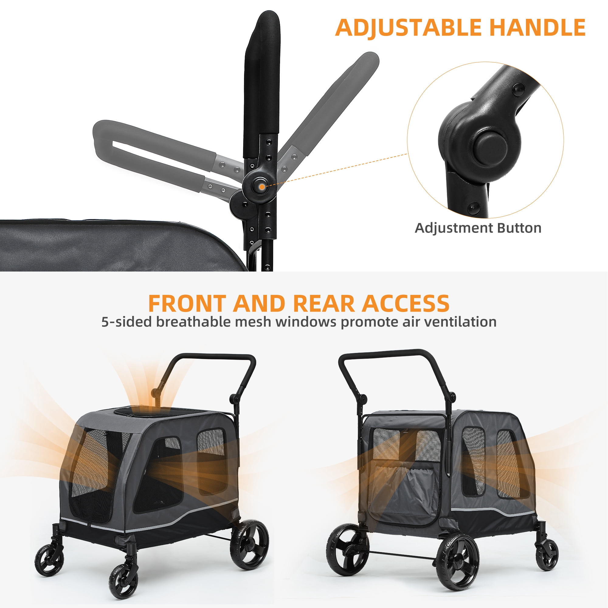 Uforic Foldable Dog Stroller, 4-Wheel Pet Stroller with Dual-Entry, Adjustable Handle, Reflective Strips, Folding Dog Wagon Up to 132 lbs Capacity for Large Dogs, Gray
