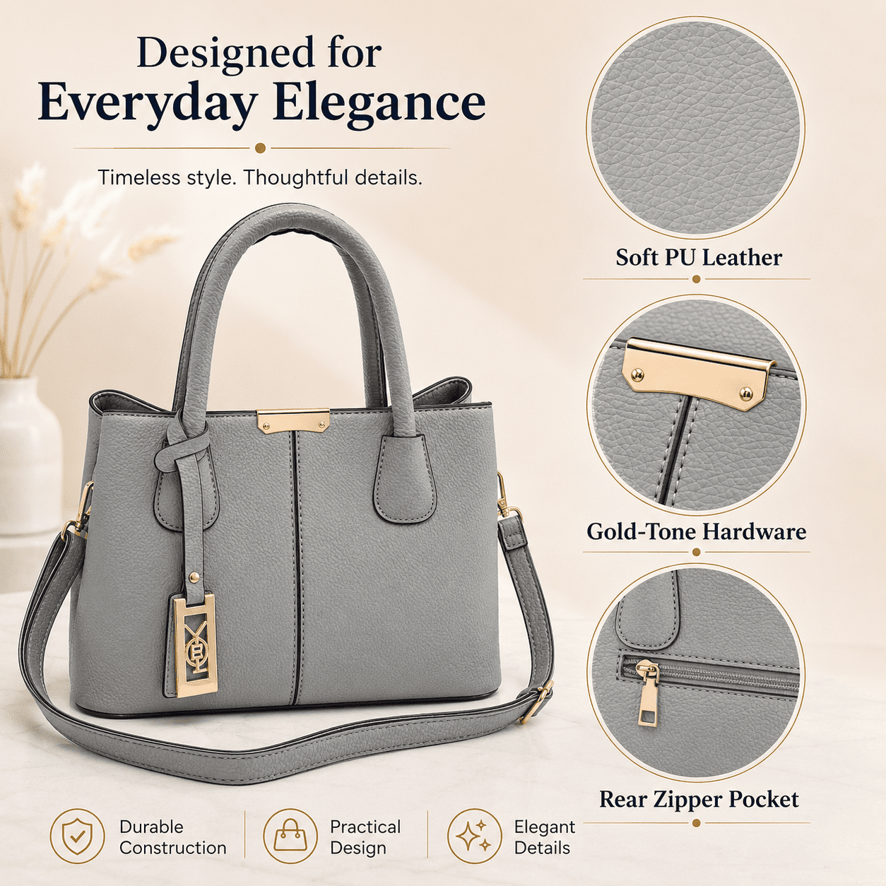 Kabuer Women's PU Leather Tote Handbag with Shoulder,Gray