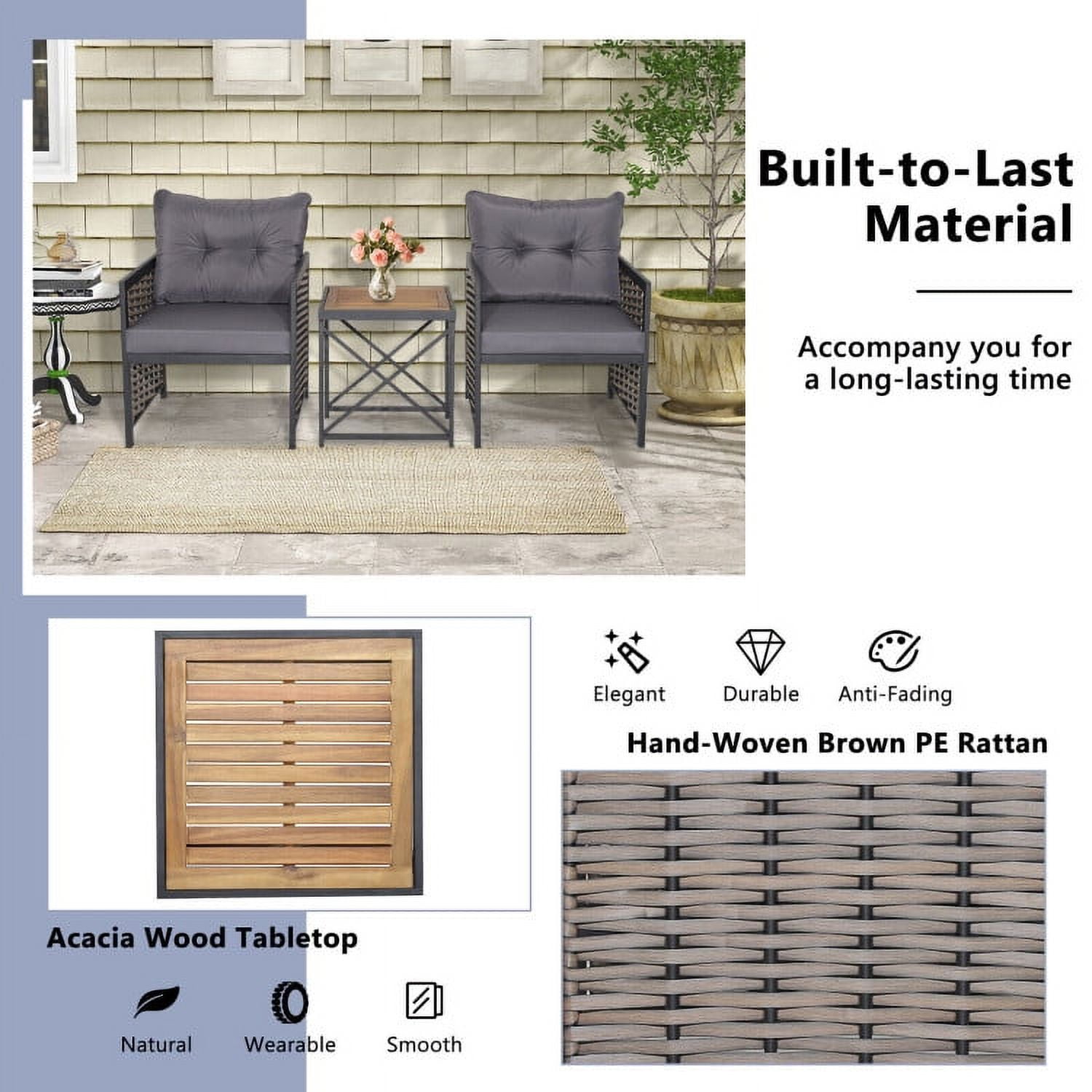 Aimee Lii 3 Piece Patio Rattan Furniture Set with Acacia Wood Tabletop, Backyard Furniture, Gray Aimee Lii 3 Piece Patio Rattan Furniture Set with Acacia Wood Tabletop, Backyard Furniture, Gray