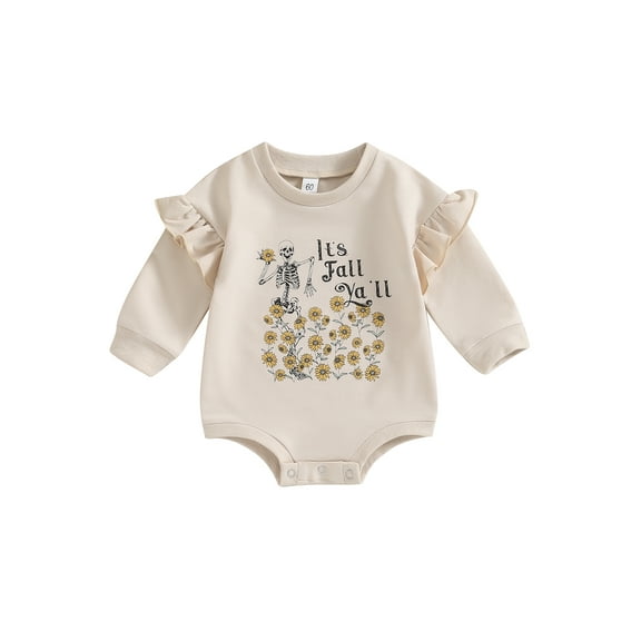 Wassery Baby Halloween Clothes Costume Infant Girl Fall Sweatshirt Romper Ruffled Long Sleeve Round Neck Skull Flower Print One-Piece Bodysuit 0-18 Months