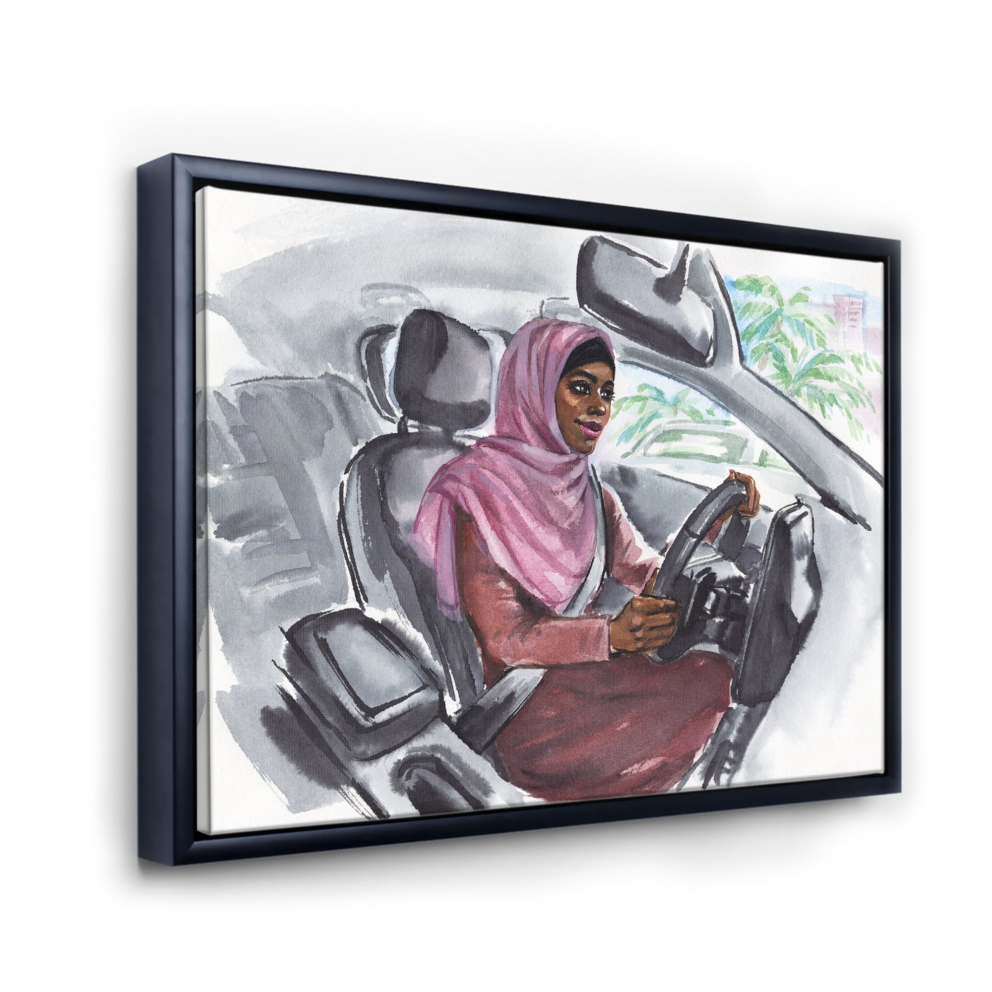 Designart 'Arabian Lady Driving A Car III' Modern Framed Canvas Wall Art Print