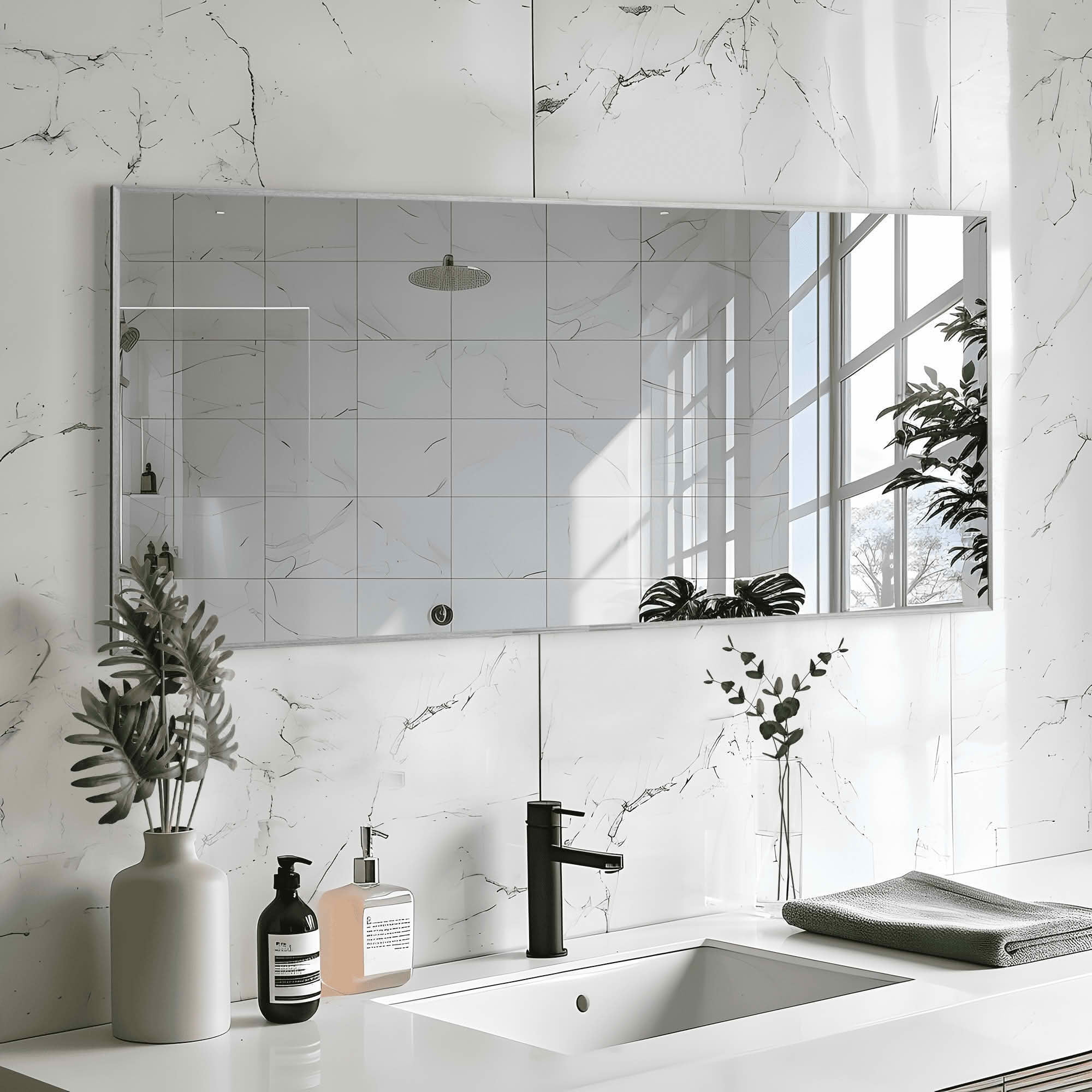 MAYEERTY 47x22x1 Inch Silver Thin Edge Aluminum Right Angle Rectangular Wall Mounted Mirror for Bathroom