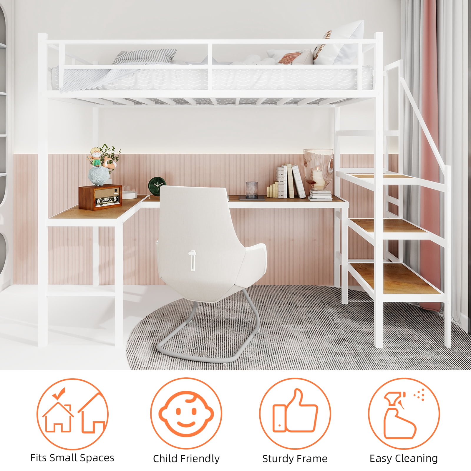 Alvantor Loft Bed Twin Size with L-shaped Desk, Metal Bed Frame with stairs for Kids/Teens, No Box Spring Needed White