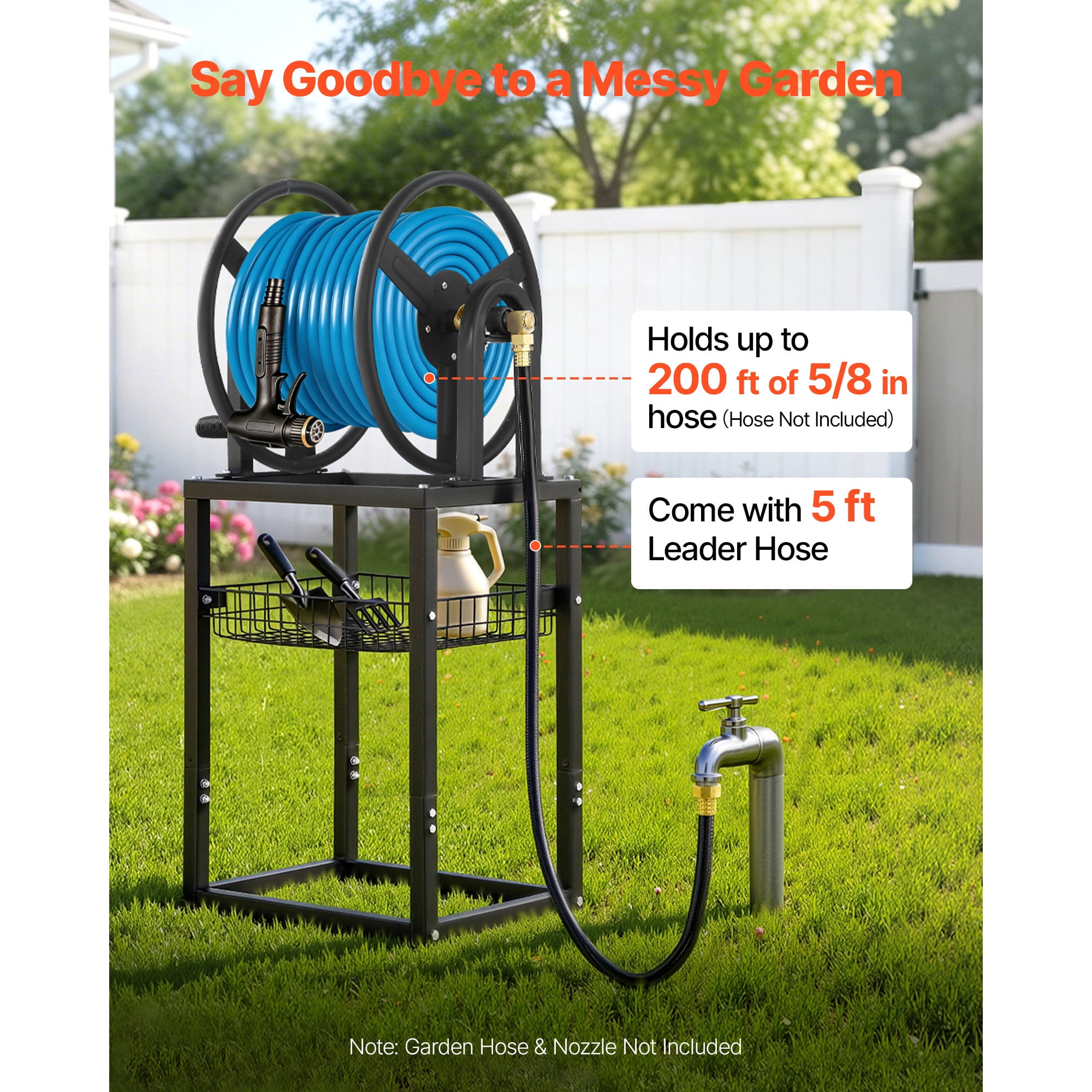 KFFKFF Freestanding Garden Hose Reel, Accommodates 200 Feet of 5/8-inch Hose, Wall or Ground Installation, Removable Holder with Storage Shelf, 5 ft Connector Hose, Brass Connector, 4 Ground Stakes