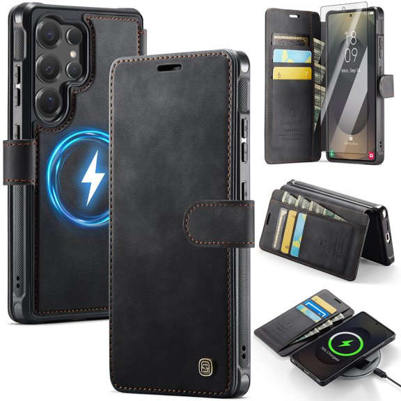 Dteck Flip Wallet Case for Samsung Galaxy S25 Ultra with Screen Protector, PU Leather RFID Blocking Card Holder Shockproof Magnetic Phonoe Cover,Black