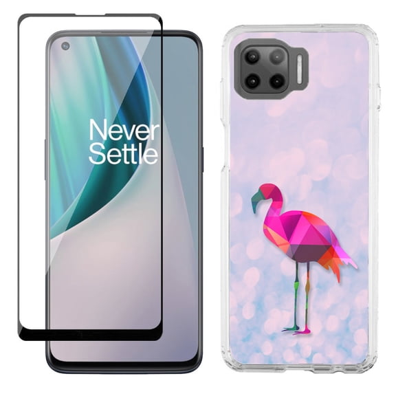 Slim-Fit Protective Phone Case compatible with Motorola Moto One 5G UW, with Tempered Glass Screen Protector, by OneToughShield ® - Flamingo / Polygon