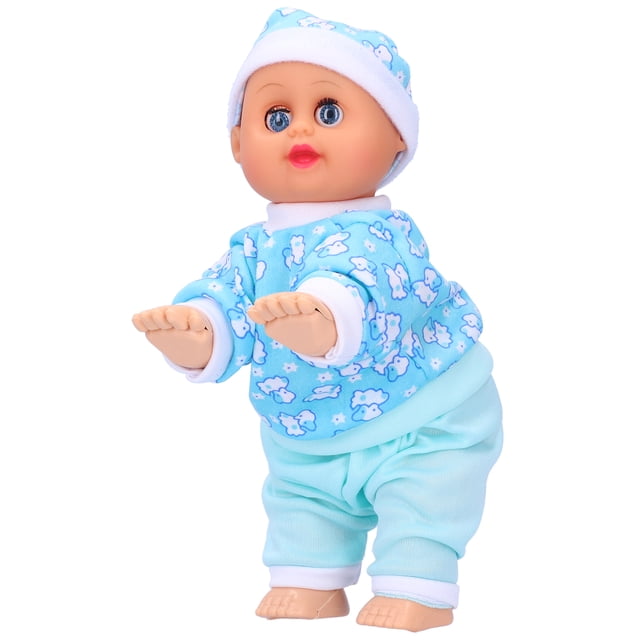 linda muñeca bebé mini simulación de juguete para casa de muñecas para niños regalos de muñecas eléctricas inteligentes para gatear y reír casas de muñecas para niños y anggrek otros Muñeca eléctrica de ABS en vista frontal 3/4 con gorro y suéter azul claro con estampado de nubes y pantalón turquesa, manos y pies de plástico visibles; adecuada para mayores de 3 años, no muy grande; requiere 2–3 pilas AA no incluidas según tamaño. Fondo blanco de estudio; a menudo usada dentro de casas de muñecas por su tamaño compacto.