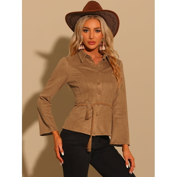 Blusa de Gamuza Sintetica con Botones para Mujer Camisa Casual marron S Allegra K Blusas y camisas Walmart en linea