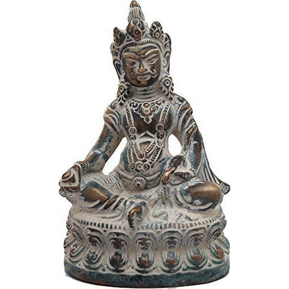 Exotic India Tibetan Buddhist Kubera with Jewel and Nakula (Mongoose) - Brass Statue - Color Super Antique Color