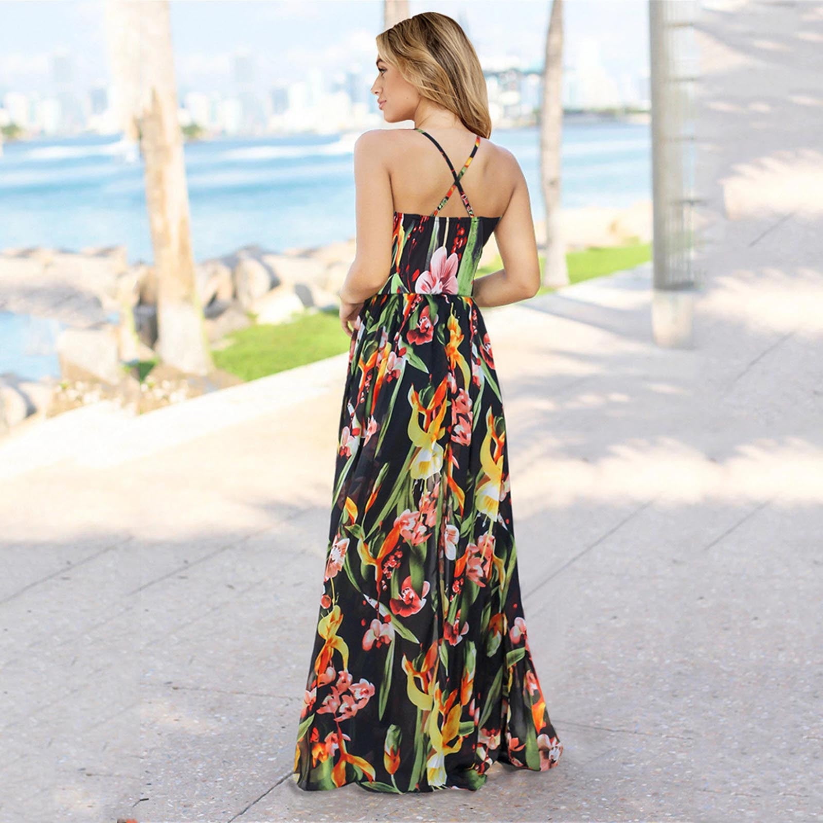 Iopqo Summer Dress Women Floral Sexy Backless Evening Party Beach Long Maxi  Dresses Boho Sundress Sleeveless Maxi Dress Crew Neck Black