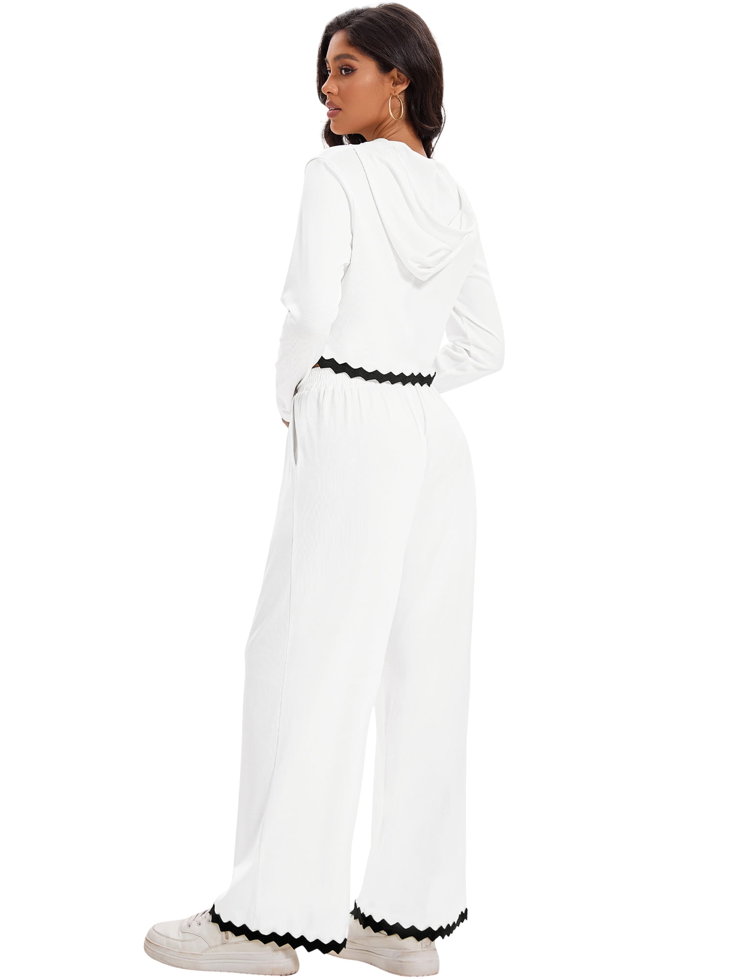 Unique Bargains Two Pieces Sets Hoodie Top Wide Leg Pants Tracksuit S White Black