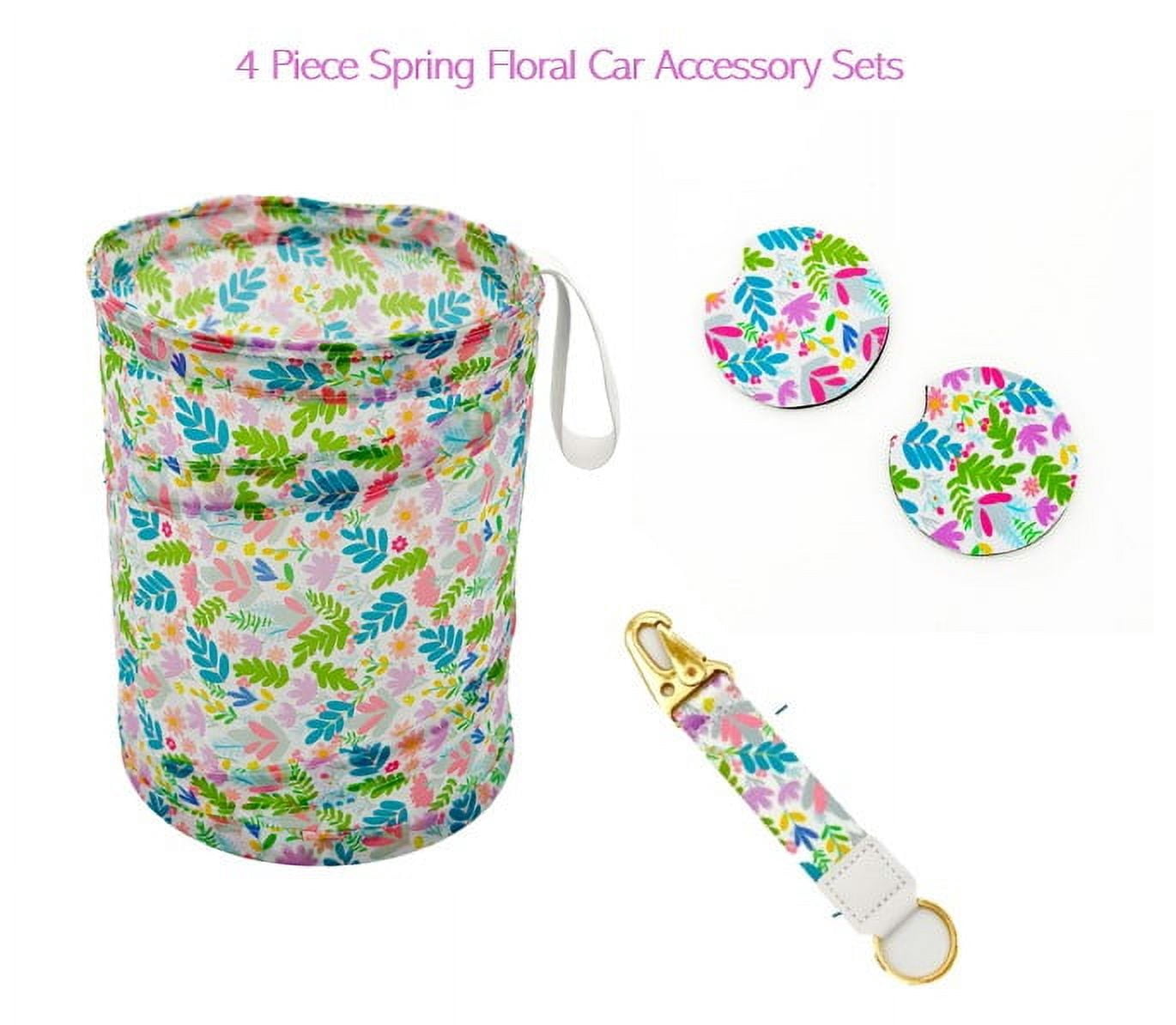 Women's Spring Floral Car Accessory Set with Keychain, Collapsible Trashcan, and Coasters