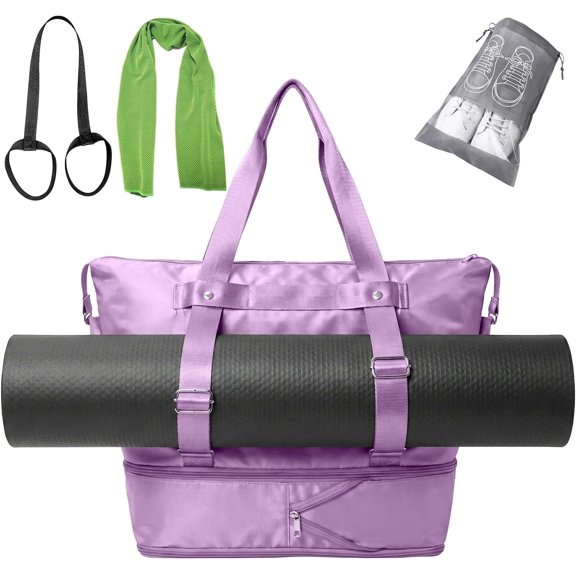  Yoga Mat Bag with Accessories - PurpleTote with Mat Strap, Towel and Shoe Pouch