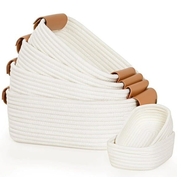 Natubeau Set of 6 Storage Basket for Organizing, Including with Leather Handles & 2 Small Gifts Baskets, Woven Cotton Rope Storage Baskets for Bedroom , White