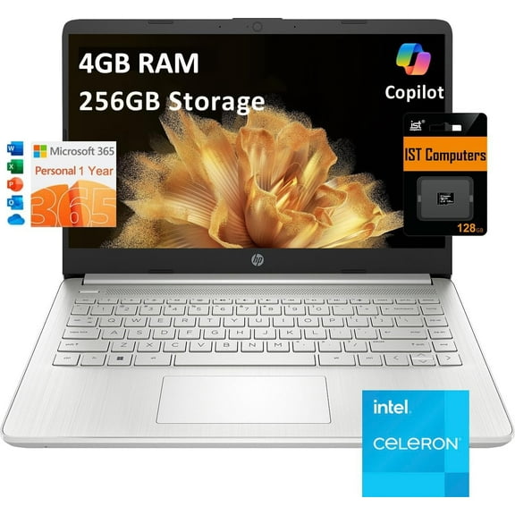 HP 14 Laptop (14" HD, Intel Celeron N4120, 4GB RAM, 256GB Storage (128GB eMMC   128GB IST SD Card)) School & Business, 11-Hr Battery Life, 1-Year Office 365, Win 11 Home S w/AI Copilot, Silver
