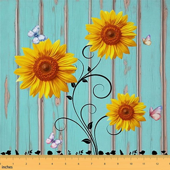 Erosebridal Sunflower Fabric by the Yard,Distressed Blue Wooden Board Upholstery Fabric,Yellow Flowers Butterfly Decorative Fabric,Country Grunge Farmhouse Outdoor Fabric for Diy Upholstery,10 Yards