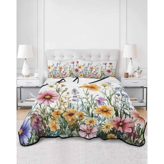 Quilts Twin XL Size, Spring Floral Soft Comforter Bedding Set for Bed, Yellow Pink Flowers Watercolor Farmhouse Lightweight Quilted Bedspread with Pillow Cover(2 Pieces) for All Season, 68x98 Inch
