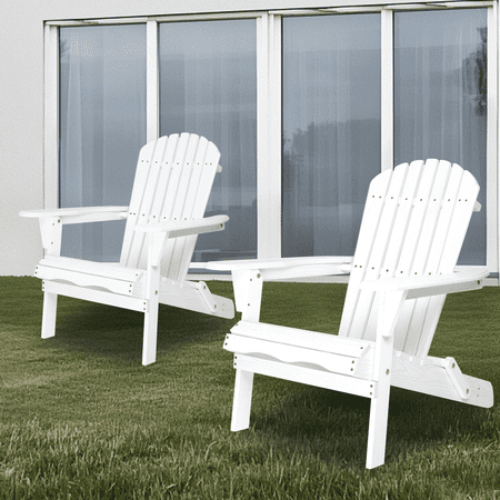 2-Pack White Wooden Folding Adirondack Chairs - Embossed Solid Cedar Wood Grain Foldable Patio Lounge Chairs for Garden Deck & Outdoor