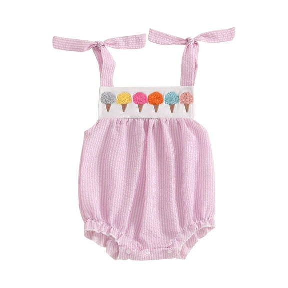 Suealasg Baby Girl Plaid Sleeveless Bodysuit Ice Cream Embroidery Tie Shoulder Romper Summer Clothes