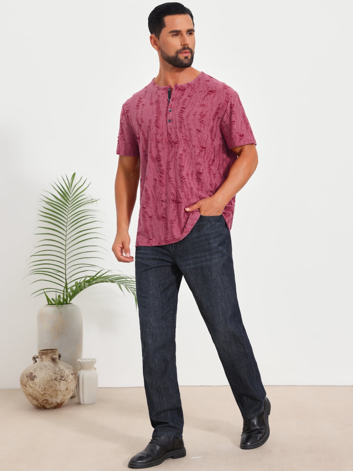 DARING DIVA Men's Ripped Henley Retro Short Sleeve Button Down T-Shirt L Red