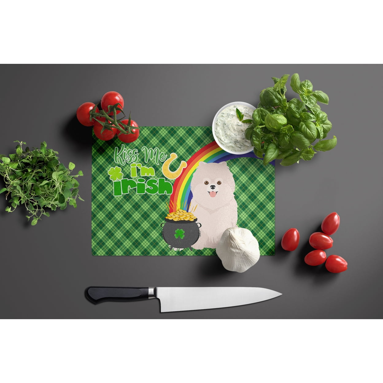 White Pomeranian St. Patrick's Day Glass Cutting Board Large 12 in x 15 in