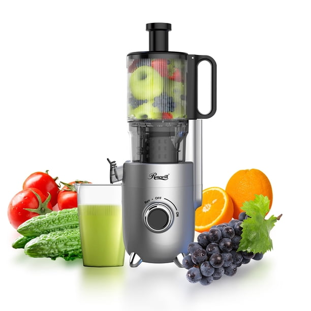 Rosewill Exprimidor de Prensa en Frío, Máquina Extractora de Jugo con Tobogán de Alimentación de 4,72" de Ancho, Alto Rendimiento de Jugo, Exprimidor de Masticación Lenta para Verduras y Frutas Entera