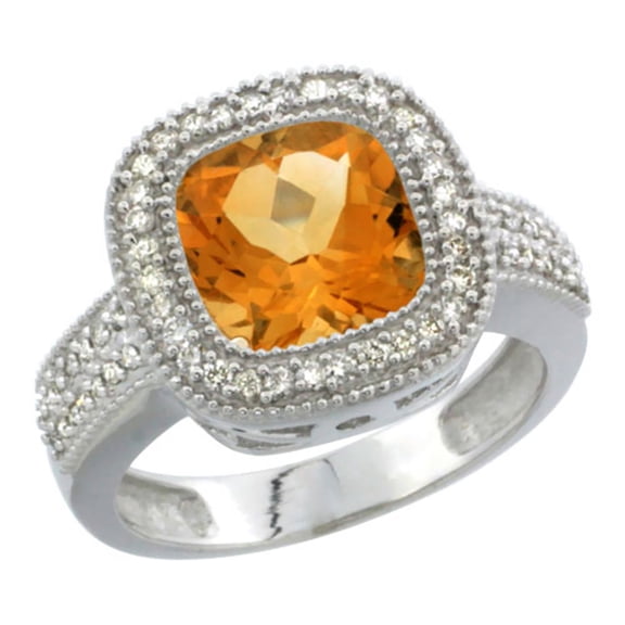 14K White Gold Natural Citrine Ring Cushion-cut 9x9mm Diamond Accent, size 7