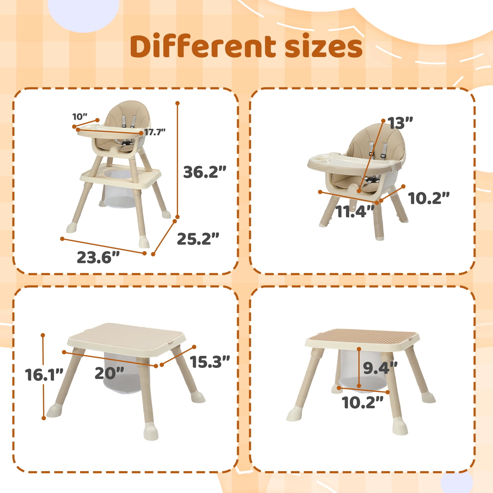 PEXMOR 7 in 1 Convertible Baby High Chair, Leather Cushion Eating Table Chair Set for Babies Toddlers, Beige